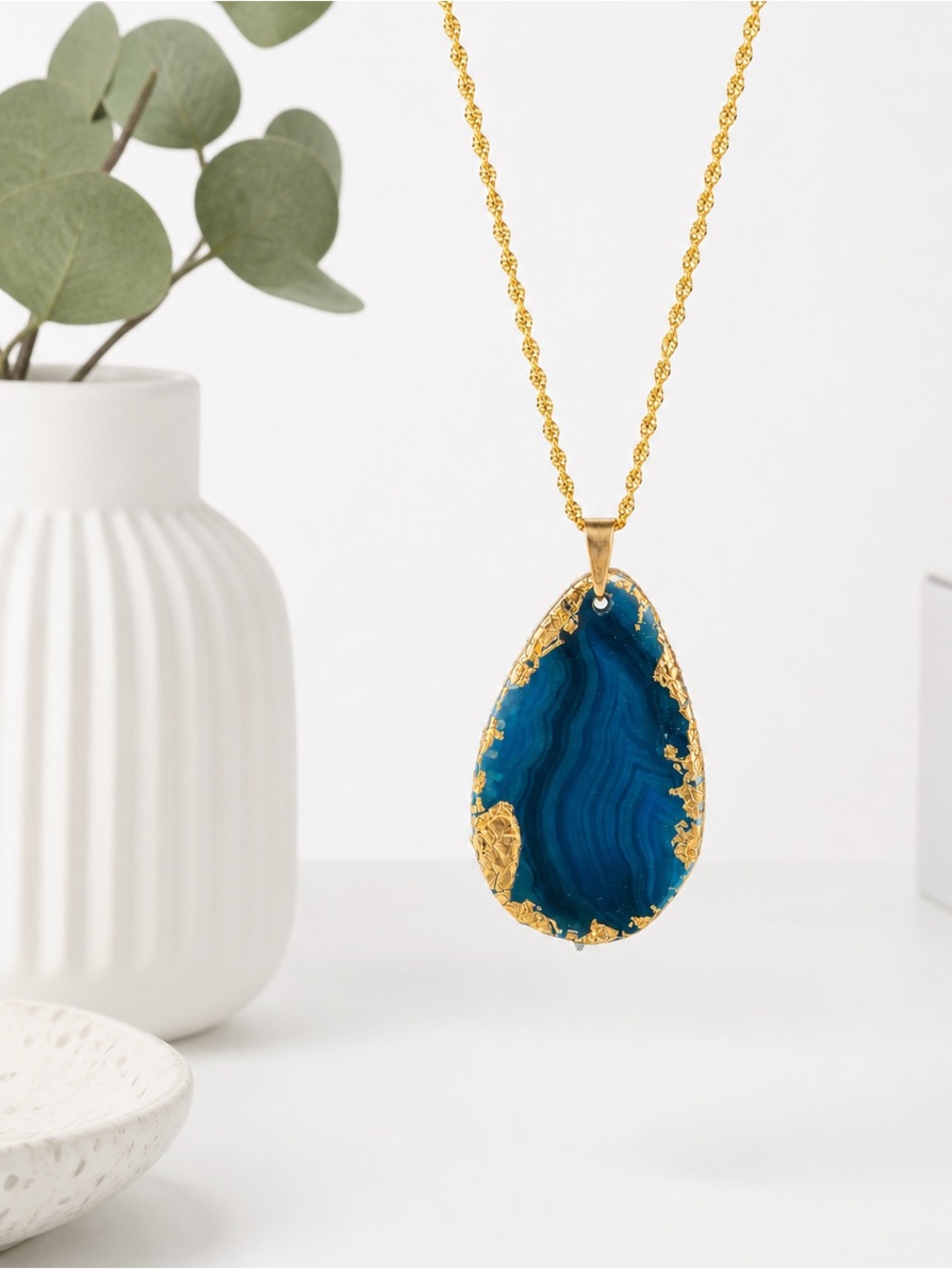 Handmade Blue Agate Pendant Necklace Gold Plated 45cm Statement Jewelry - Picture 6 of 8